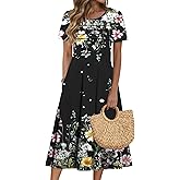 Zeagoo Womens Casual Dresses for Summer Short Sleeve Flare Midi Dress Loose Beach Sundress Pleated Front Dress with Pockets