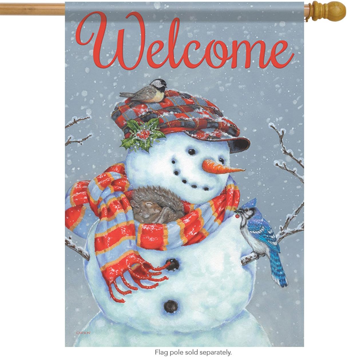 Winter Welcome Snowman & Birds Squirrel Nap 28" X 40" Outdoor House Flag