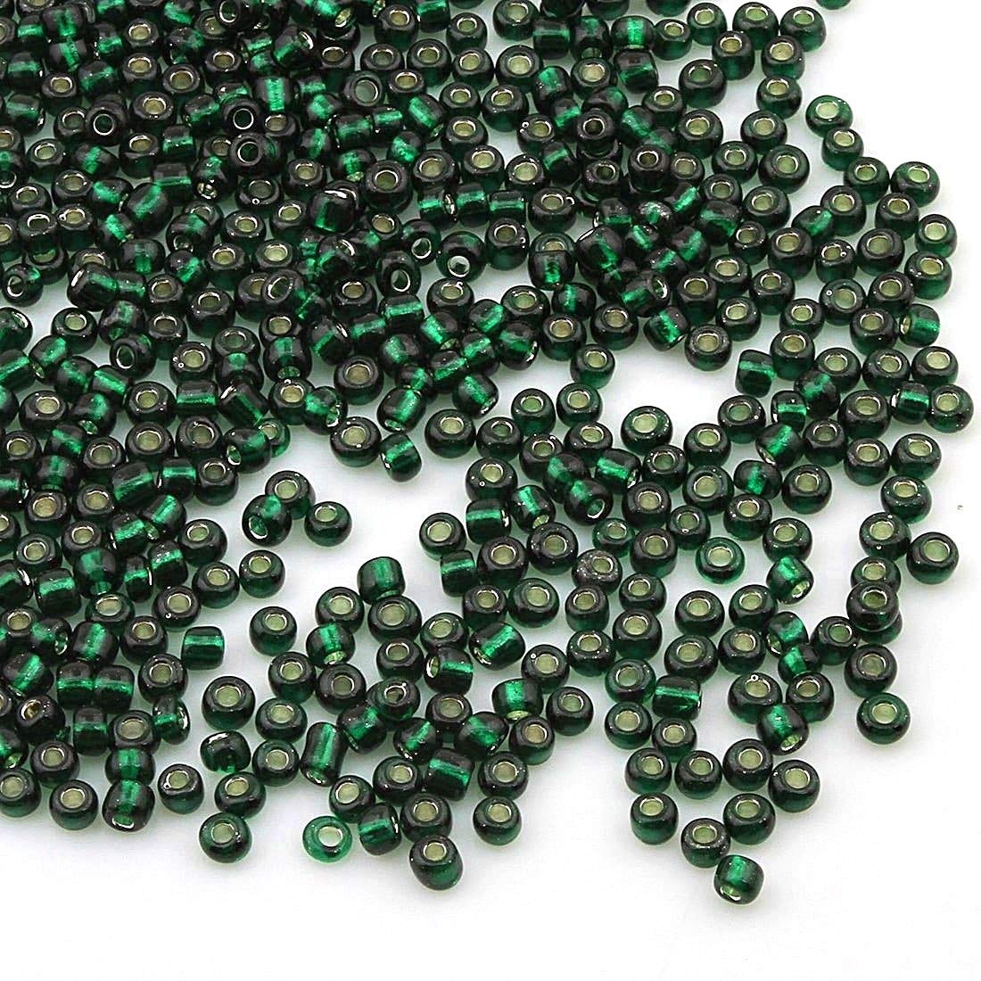 3300 x 3mm Glass Seed Beads with Silver Lining, 8/0, Silver Lined Pony Beads, Choice of Colours (Dark Green)