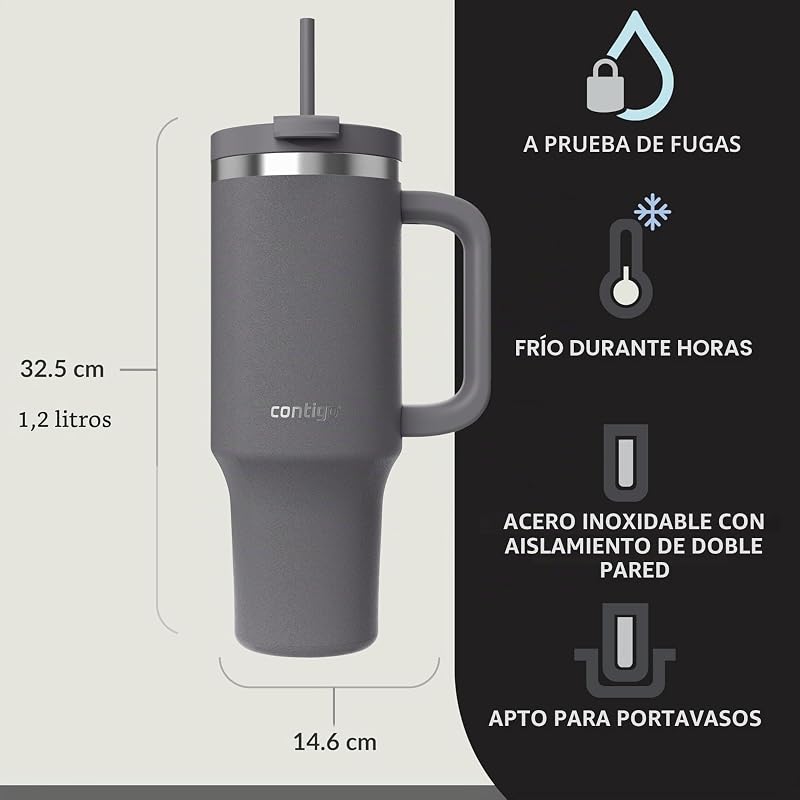 Botella termo 1200 ml con asa y pajita, Botella térmica aislada de acero inoxidable con tapa, Thermos, Se enfría durante 29 horas, Taza termo, Sin BPA, Darkstone