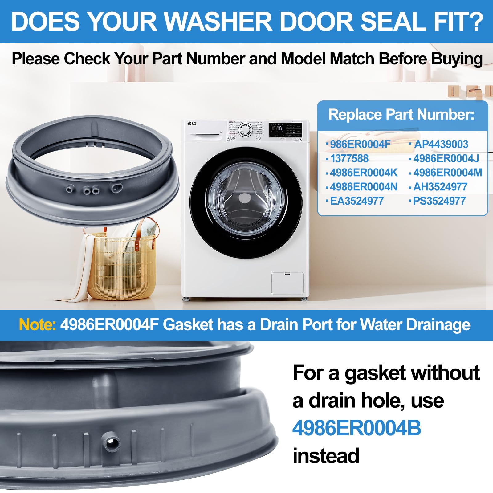 Upgraded 4986ER0004F Washer Door Gasket Boot Seal Compatible with LG Front Load Washer Door Seal, Length: 17.2 inch, Kenmore Door Boot Seal Parts WM2250CW, WM2101HW, WM2050CW, WM2301HR Door Seal