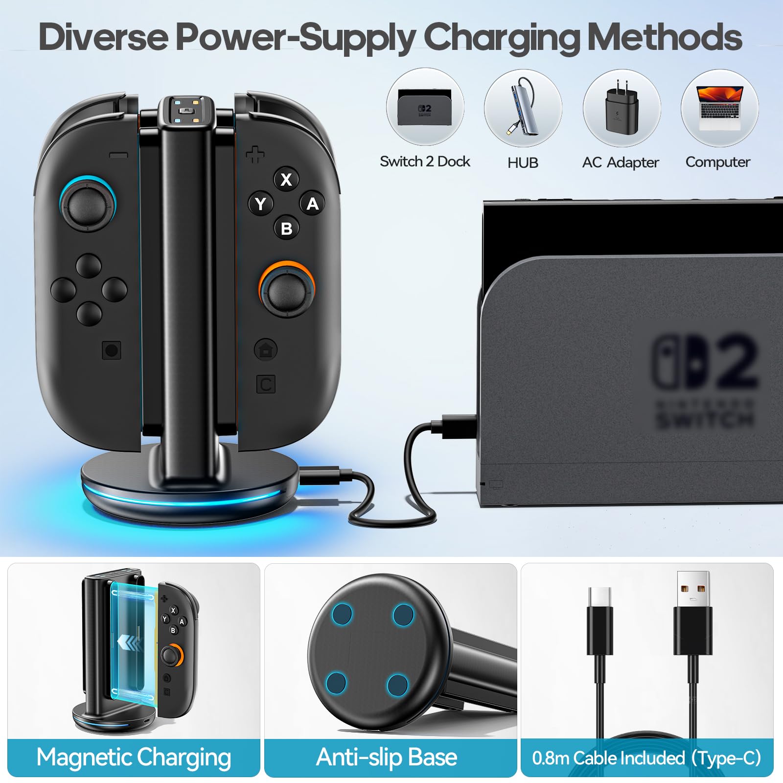 Rysker Switch 2 Controller Ladestation für JoyCon 2, 2.5St Ladegerät für Nintendo Switch 2, Joy Con 2 Ladestation mit 9 Lichtmodi für Nintendo Spiele 6