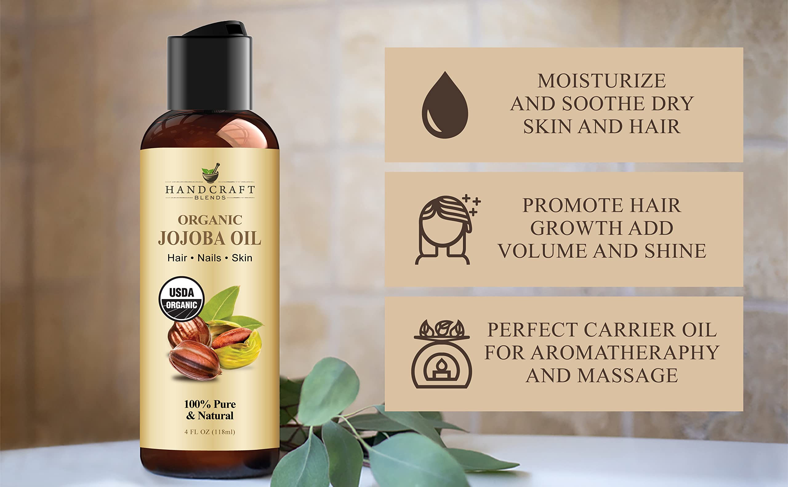 Handcraft Blends USDA Organic Jojoba Oil - Cold-Pressed 4 Fl Oz - 100% Pure and Natural - Premium Grade Carrier Oil for Skin and Hair - Hair and Body - Massage - Hexane-Free