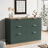 Now Mais 6 Drawer Dresser for Bedroom, 47.2" Wide Modern Chest of Drawers with 6 Large Storage Space with Curved Edge Design, Large Dresser w/Metal Handles for Bedroom,Green &amp; Brown