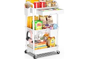 SUNALLY 3 Tier Rolling Storage Carts with Drawer, Storage Cart Organizer with Lockable Wheels Rolling Utility Organizing Cart