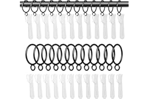 GASRONS 1.25 Inch Curtain Rings with Hooks, 24 Pack Black Metal Drapery Rings with Pins Fits Up to 1 Inch Curtain Rods