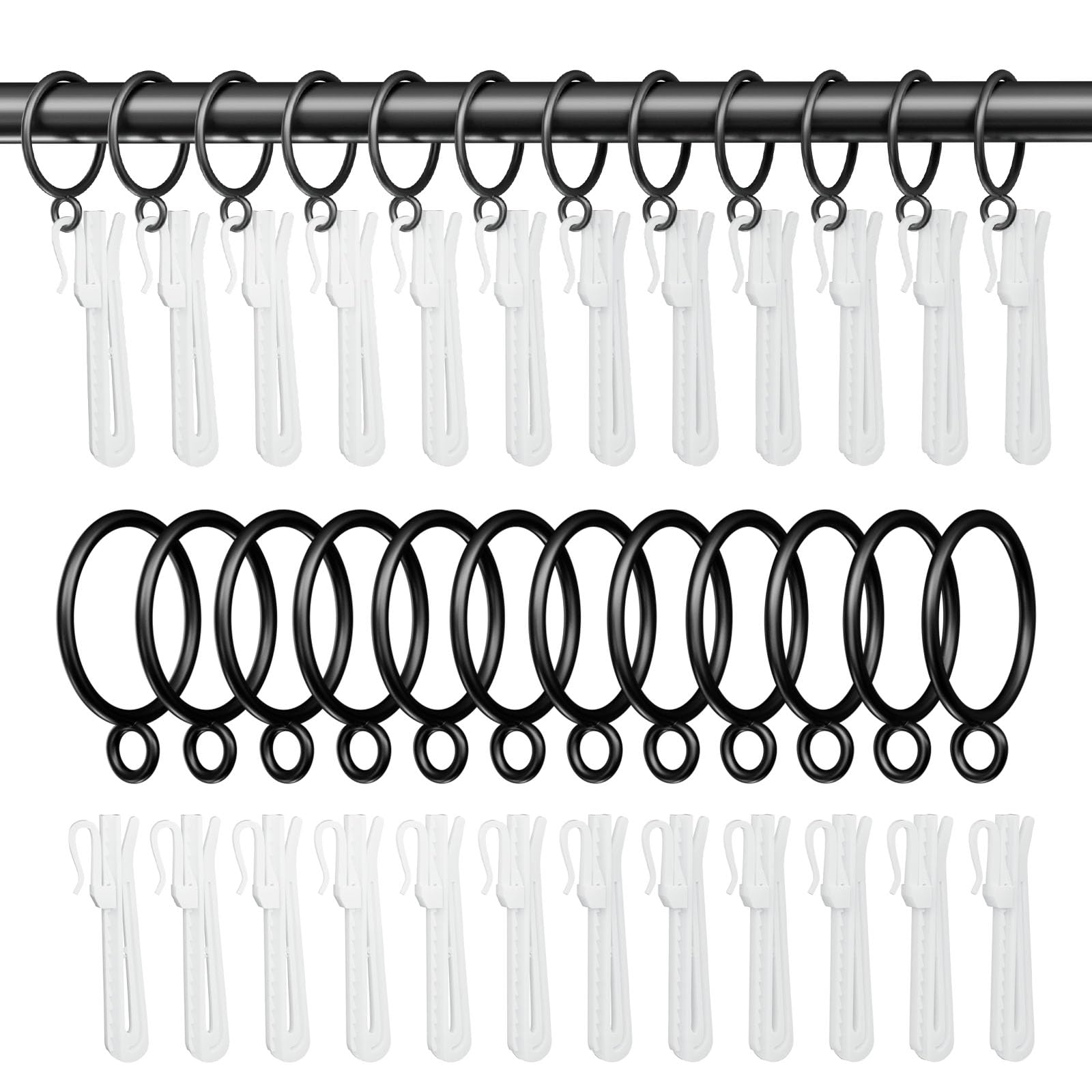 Photo 1 of GASRONS 1.25 Inch Curtain Rings with Hooks, 24 Pack Black Metal Drapery Rings with Pins Fits Up to 1 Inch Curtain Rods