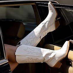 Pasuot Wide Calf Boots for Women - White Cowboy