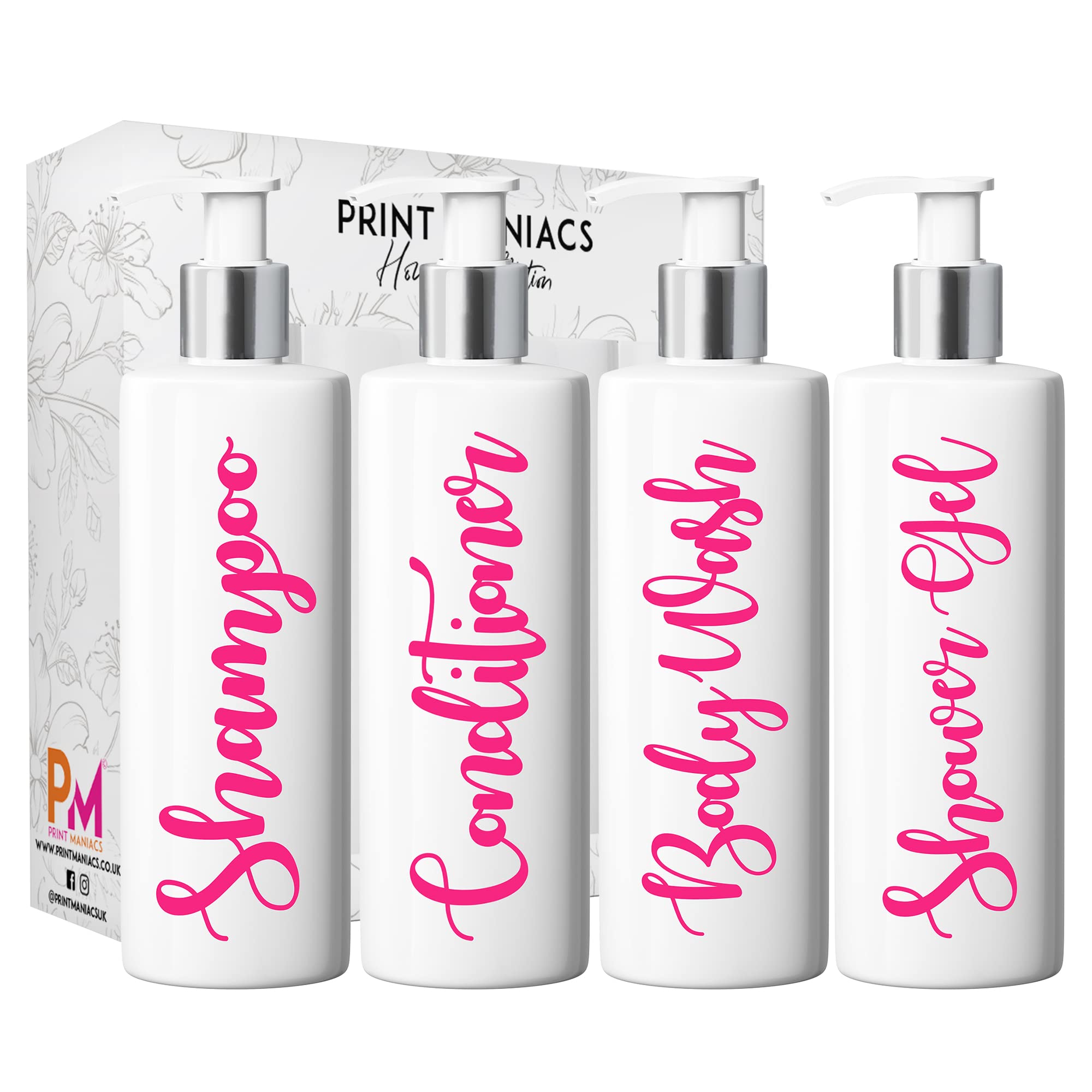 Print Maniacs White Mrs Hinch Inspired Personalised 500ml Pump Bottles Bathroom Lotion Kitchen Set Shampoo Conditioner (Shower Gel Set) (Pink)