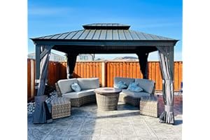 Domi 10' X 12' Hardtop Gazebo Outdoor Metal Gazebo with Galvanized Steel Double Roof Canopy, Aluminum Frame, Curtains and Net