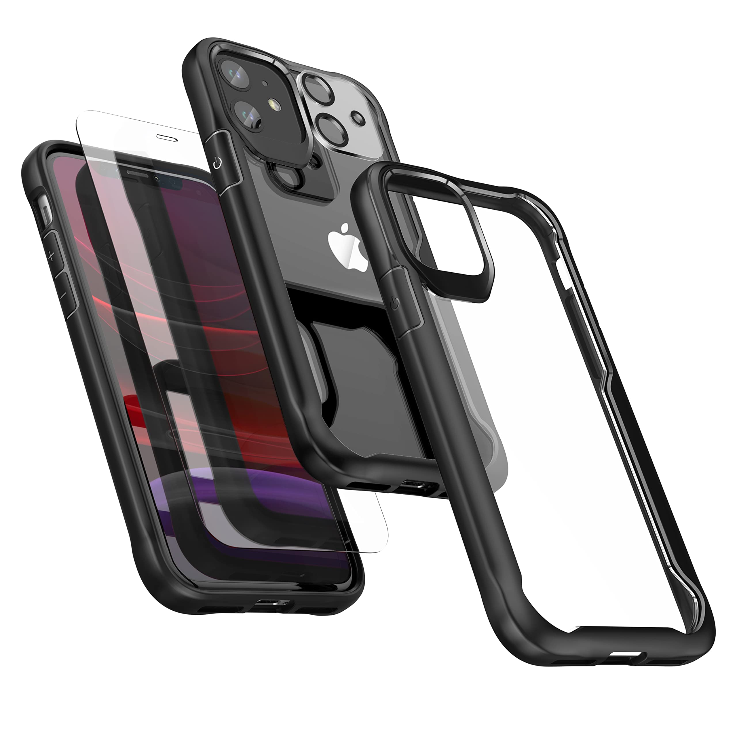 ORETECH Compatible with iPhone 11 Case, with [2 x 9H Tempered Glass Screen Protector & 1 x Camera Lens Protector] Shockproof Transparent Ultra Thin Soft TPU + Hard PC Hybrid Full Body Case - Black — image 1