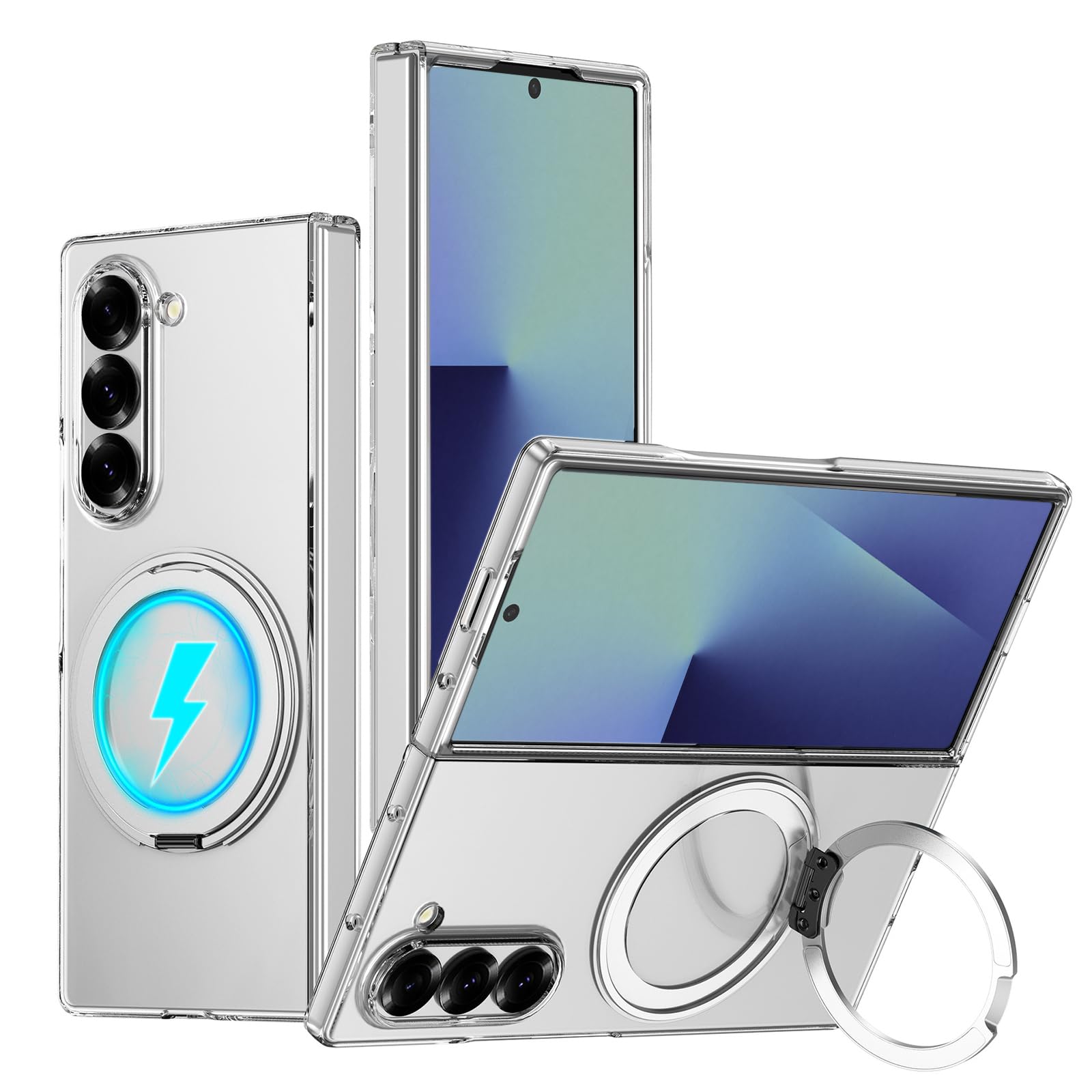 Photo 1 of YQODSZ for Samsung Galaxy Z Fold 7 Clear Case with Rotating Ring Holder, Z Fold 7 Magnetic Case Support Wireless Charging Slim Thin Crystal Clear Hard PC Protective Cover Case for Z Fold 7 Silver