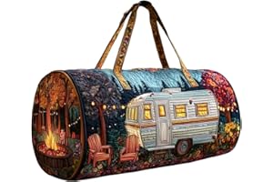 Camping Trailer Quilted Duffle Bag Campfire Casual Travel Tote Men Women Weekender Bag For Road Trips, 3D, 18*9*9 inch, Vinta