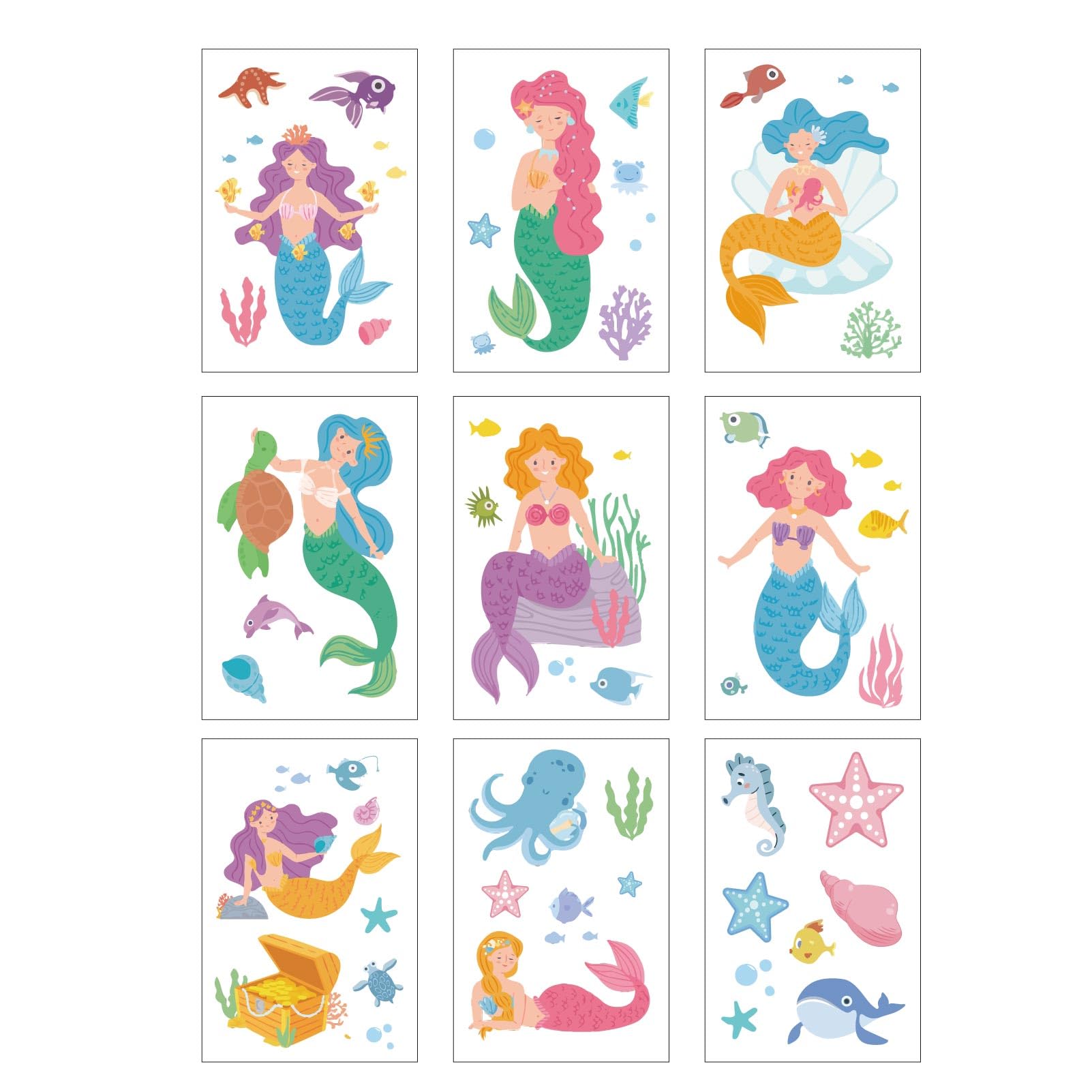 CREATCABIN 9 Sheets Summer Mermaid Window Clings Under the Sea Ocean Animals Window Stickers Decals Waterproof for Glass Windows Doors Wall Bedroom Bathroom Nursery Home Party Decorations 12x7.6Inch