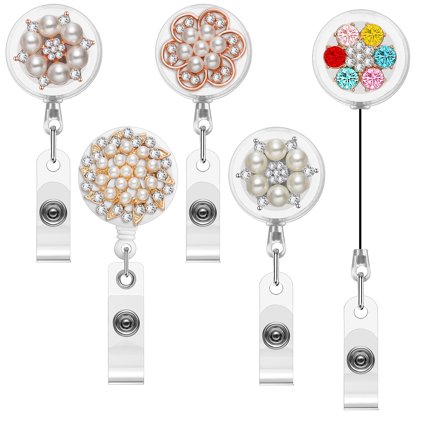 5 Pieces Retractable Badge Holder Faux Pearl Rhinestones Flower ID Badge Reel with Belt Clip Badge Plastic Holder for Name Card Key Card Nurse Teacher Student Volunteer Office Worker