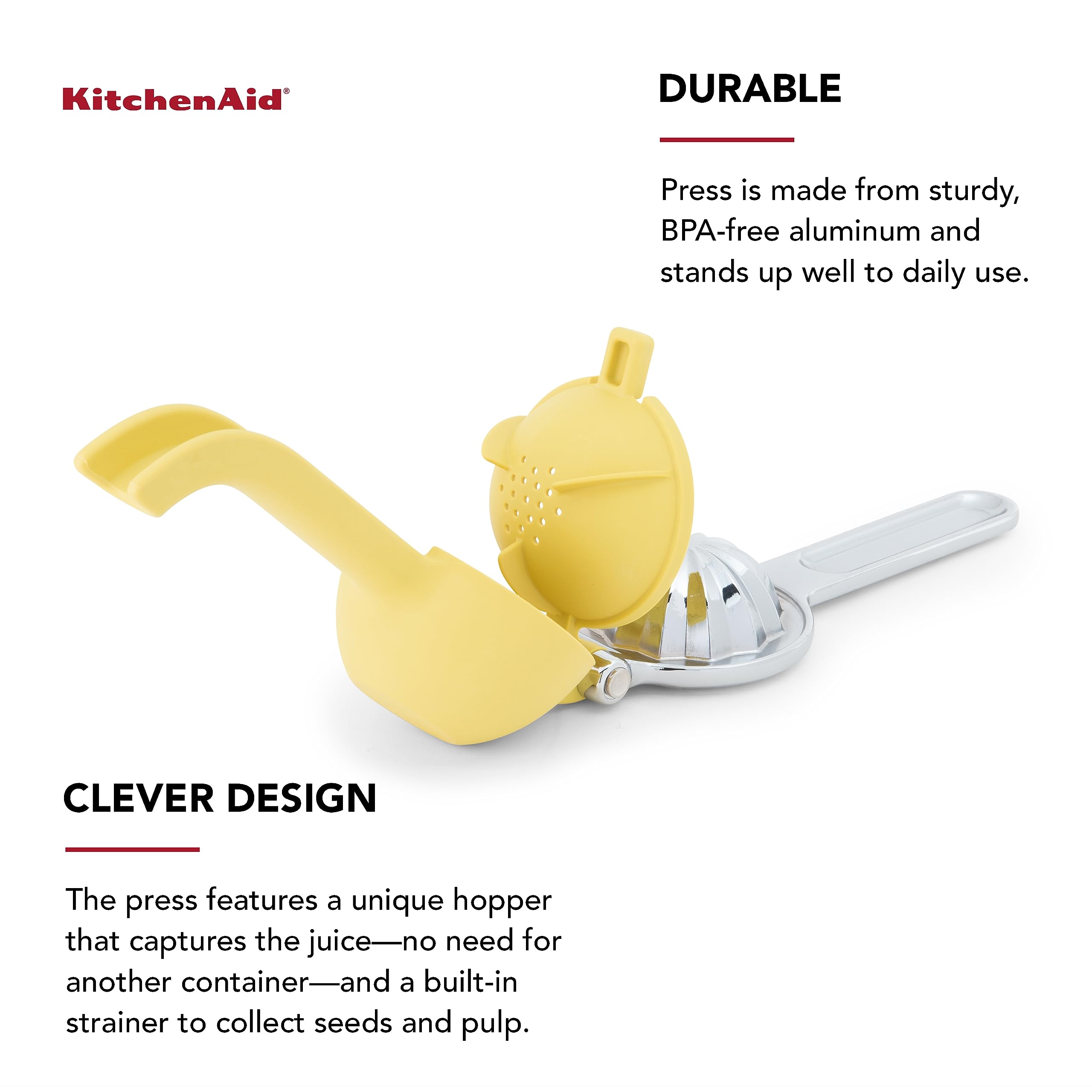 KitchenAid Citrus Juice Press Squeezer for Lemons and Limes with Seed Catcher and Pour Spout, Lemon, 8 Inch