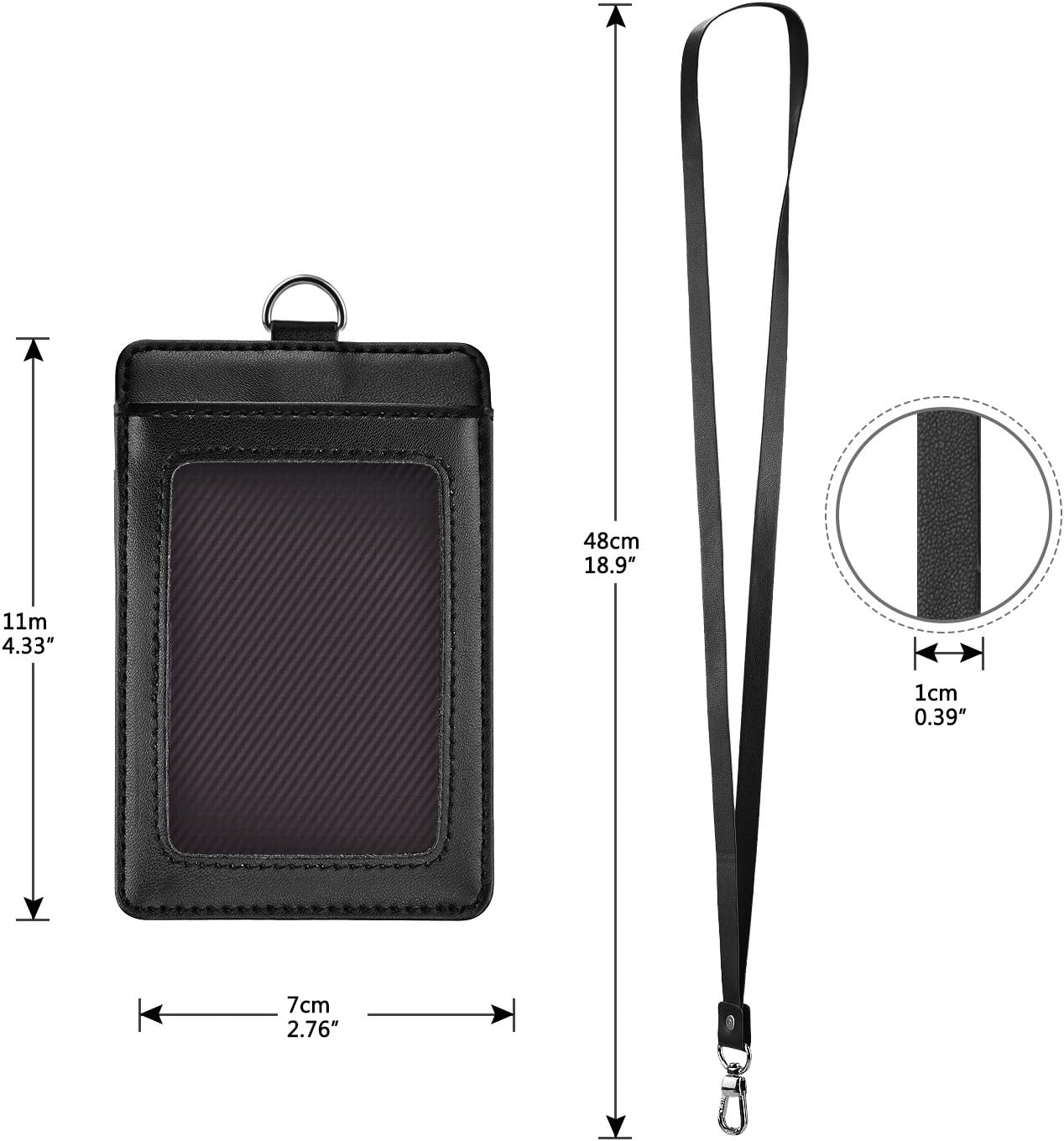Fushing Vertical Genuine Leather ID Card Name Tag Badge Holder Protector with Neck Strap Lanyard for Business School Event (Black) - Image 3