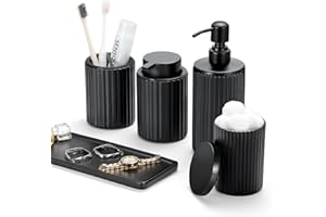 Shinowa Black Bathroom Accessories Set, 5 Pcs Bathroom Toothbrush Holder Sets with Soap Dispenser, Foaming Dispenser, Q-Tip Holder, Ceramic Tray, Bathroom Countertop Accessories Complete, Matte Black