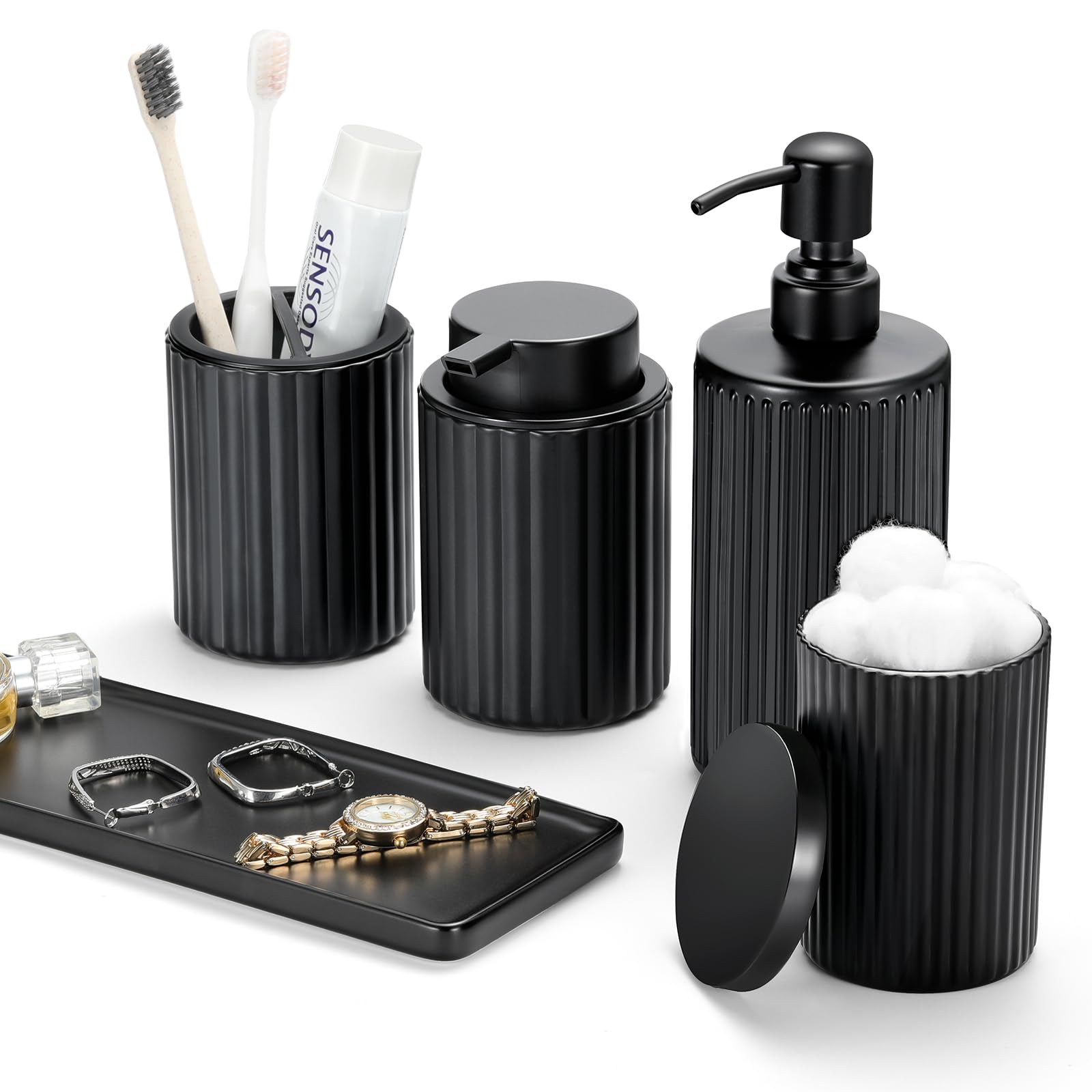 Photo 1 of Shinowa Black Bathroom Accessories Set, 5 Pcs Bathroom Toothbrush Holder Sets with Soap Dispenser, Foaming Dispenser, Q-Tip Holder, Ceramic Tray, Bathroom Countertop Accessories Complete, Matte Black