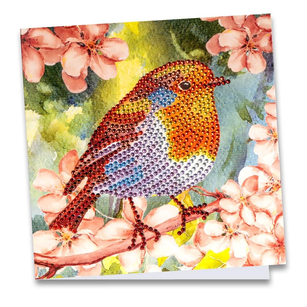 Ideen mit Herz Diamond Painting Greeting Card | Rhinestone Edition | 16 x 16 cm | 370 gsm | Includes Stones, Envelope & Tools (Robin with Flowers)