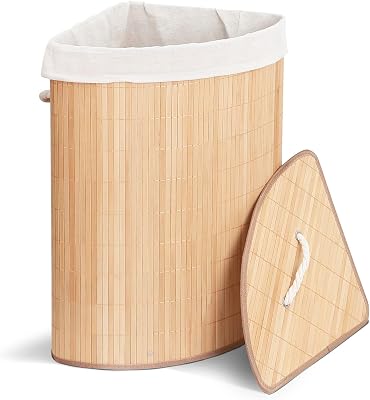 ® Cesto Portabiancheria Angolare in Bambù 58L, Cesto Pieghevole per Panni Sporchi con Coperchio, Manici e 2 Borse Rimovibili, per Bagno, Lavanderia e Camera da Letto, Naturale