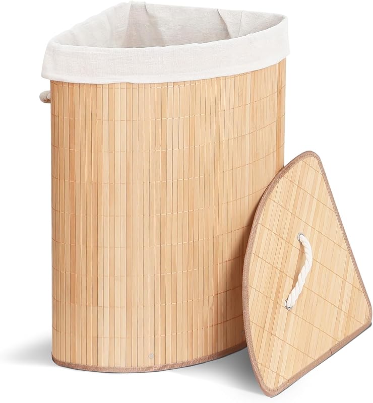 ® Cesto Portabiancheria Angolare in Bambù 58L, Cesto Pieghevole per Panni Sporchi con Coperchio, Manici e 2 Borse Rimovibili, per Bagno, Lavanderia e Camera da Letto, Naturale