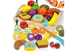 QIRPTEY Wooden Pretend Play Food Sets Cutting Toys for Kids Kitchen Accessories Playset Montessori Toys with Toy Knife Velcro Fruit Board Learning Educational Fine Motor Skills Toddler Toys Birthday Gift