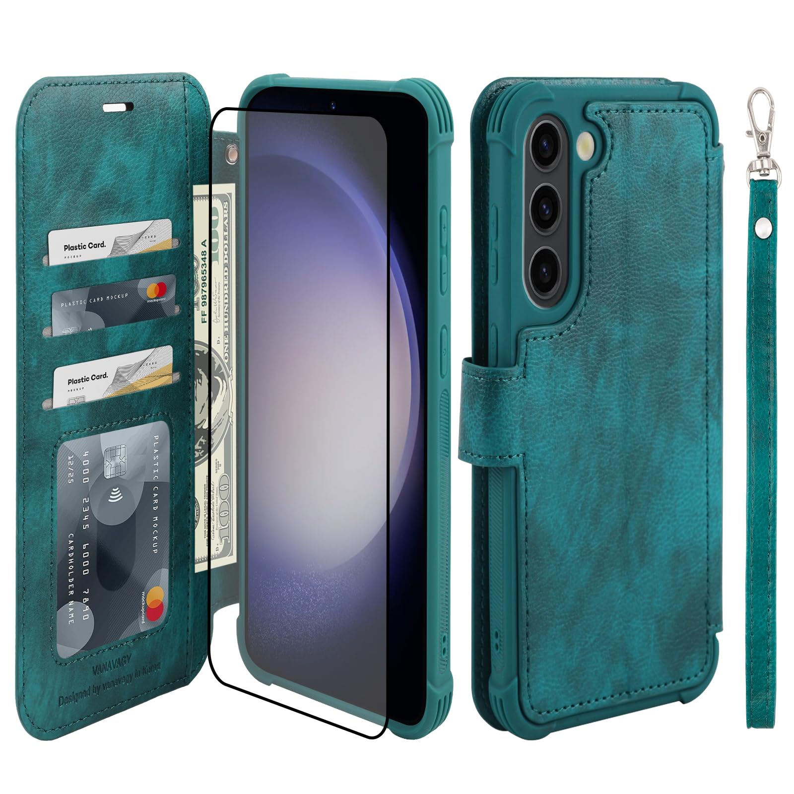 VANAVAGY Compatible for Galaxy S23 Wallet Case, 12ft Drop Protection, RFID Blocking PU Leather Flip Cover, Card Holder & Kickstand, Shockproof Phone Case for S23-6.1 Inch,Midnight Green
