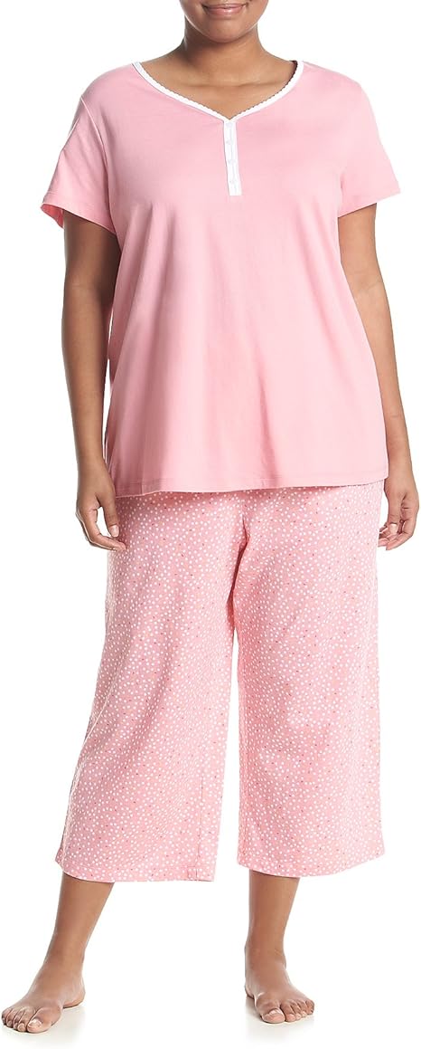 Intimate Essentials Plus Size V-Neck Henley And Capri Pajama Set Pink