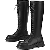 SLXCHBSL Women's Chunky Platform Knee High Boots - Combat Motorcycle Riding Boots in Faux Leather with Lace Up & Zipper, for Fall, Winter, Casual, Office & Night Out