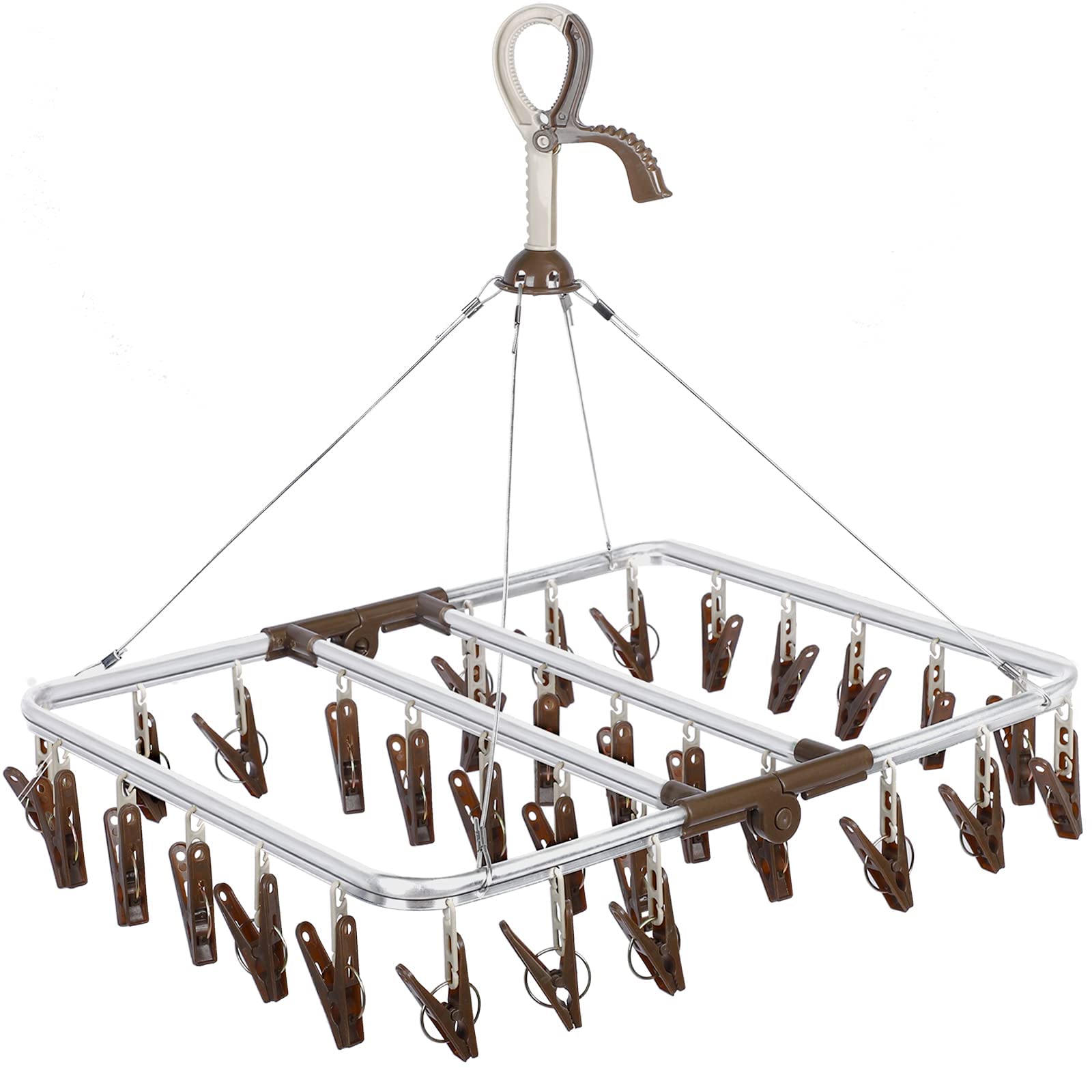 ANVINKU Aluminum 32 Pegs Folding Sock Drying Rack, Windproof Hook, Underwear & Baby Clothes Airer (Dark Brown)