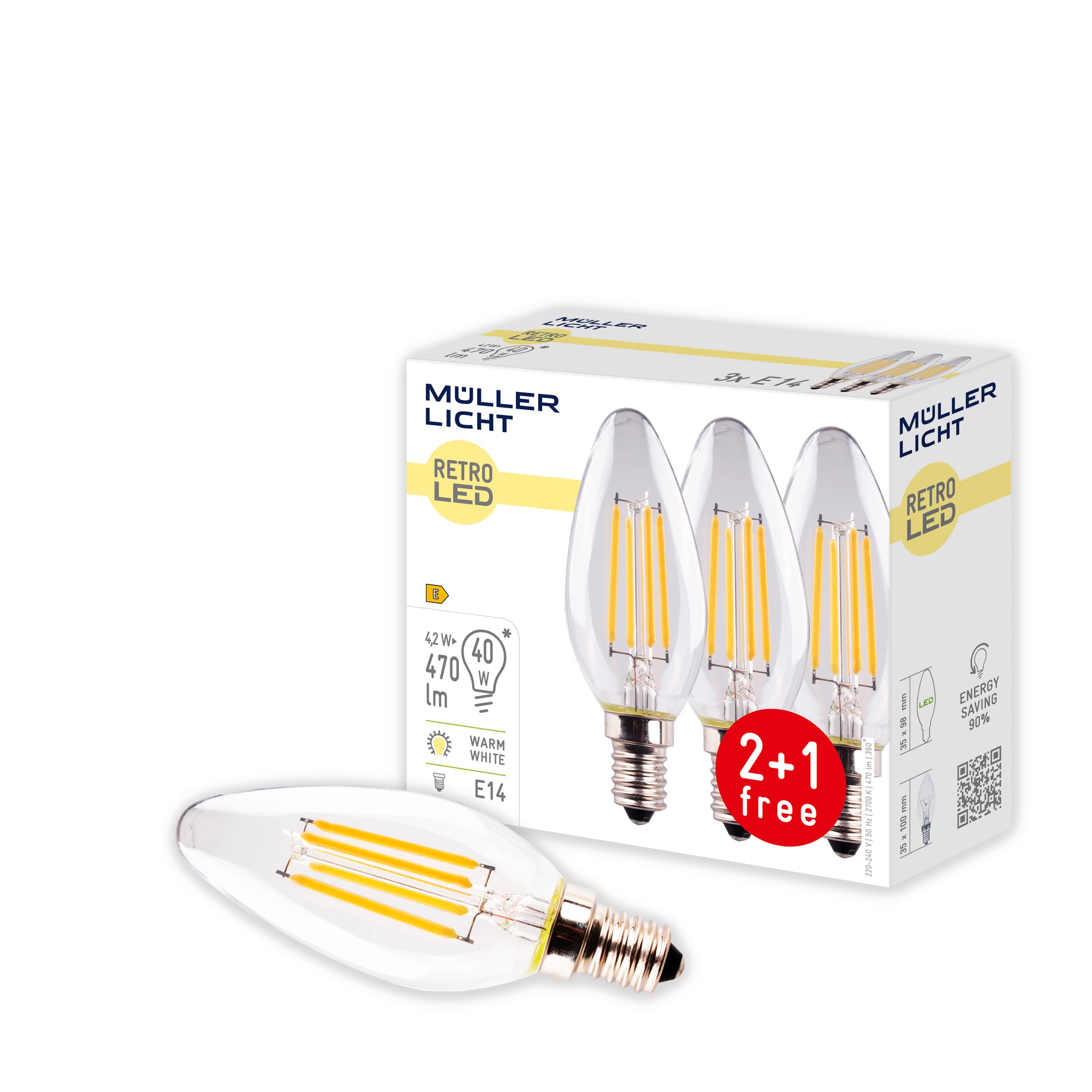 Müller-Licht Set of 3 Retro LED Candle Light Bulbs, Replaces 40 W, Glass, E14, 4 Watt, Silver, 3.5 x 3.5 x 10 cm, 3 Units