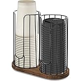 Tanggiteck 2-Compartment 18oz Coffee Cup Dispenser Rack with Wood Base, Disposable Cup, and Lid Organizer for Countertop - Perfect for Paper Cups, and Lid Organizer