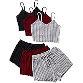 GORGLITTER Women's 6 Piece Ribbed Pajama Set Spaghetti Strap Cami Crop Top and Shorts Lounge Set Sleepwear