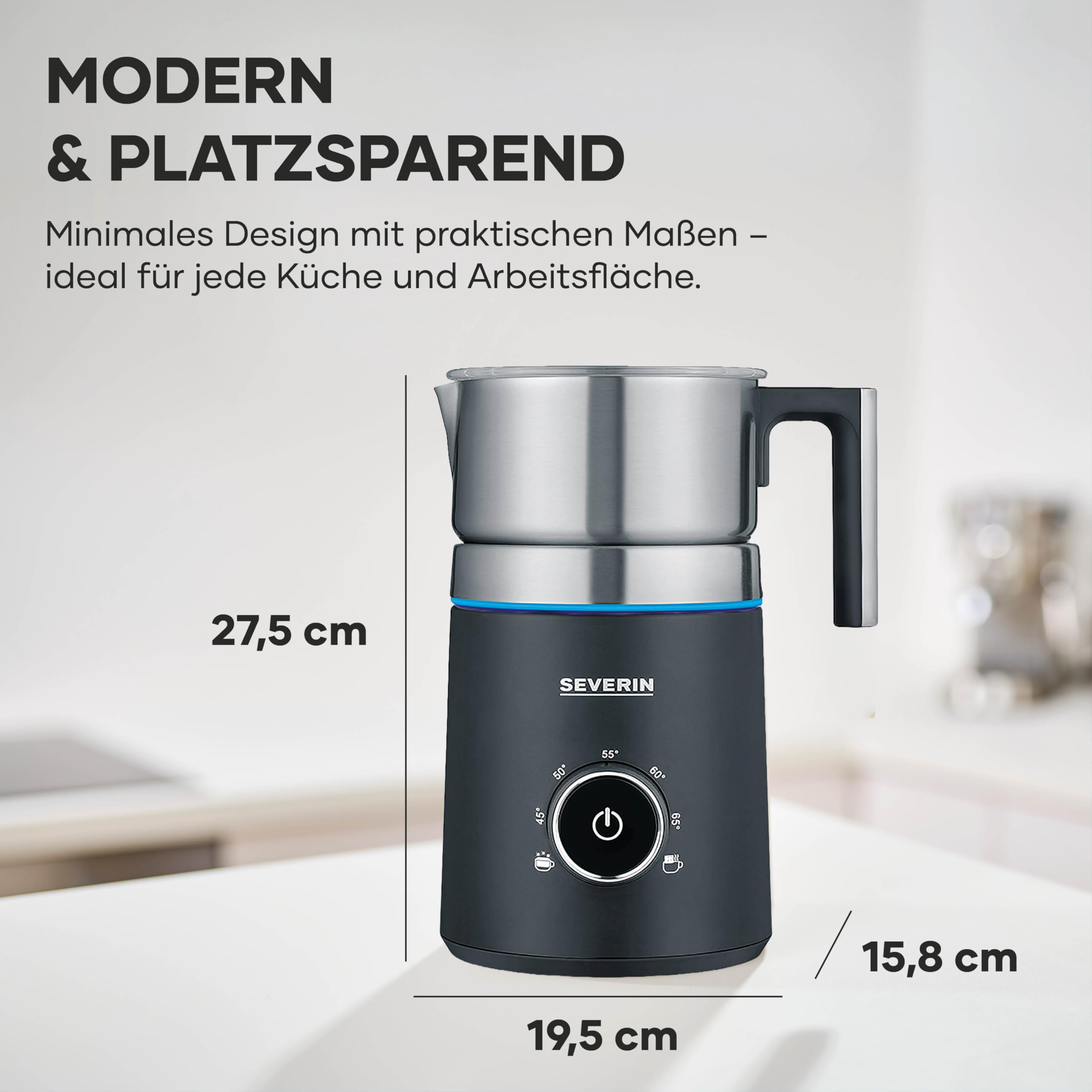 SEVERIN SPUMA 700 Induktions-Milchaufschäumer, elektrischer Milchaufschäumer ohne Anbrennen, spülmaschinengeeigneter Milchschäumer, Edelstahl-gebürstet/schwarz-matt, SM 3586 2
