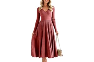 Saodimallsu Womens Long Sleeve Midi Sweater Dress Wrap V Neck Pleated A Line Fit Flare Elegant Knit Maxi Dress