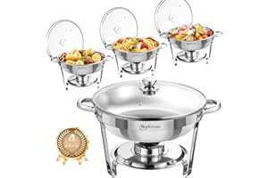 Chafing Dish Buffet Set 4 Pack, 5 QT Round Chafing Dishes for Buffet [Transparent Glass Cover] Stainless Steel Chafing Dishes