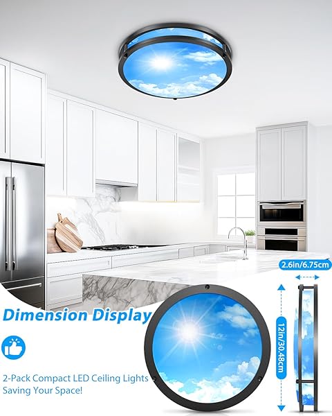 OYKYOHEI 2 PACK 24W LED CEILING LIGHTS FOR OFFICE HALLWAY BEDROOM, 12 INCH DIMMABLE FLUSH MOUNT LED CEILING LIGHT FIXTURE, 6500K/5000K/4000K/3500K/3000K ADJUSTED MODERN LAMPS (CLOUD BLUE SKY COVER)