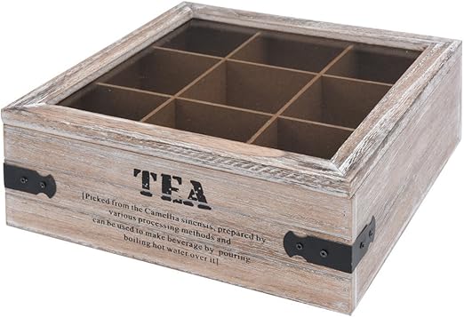 Teekiste Holz Teebox 9 Fächern Glasdeckel Tee Kiste Teekasten