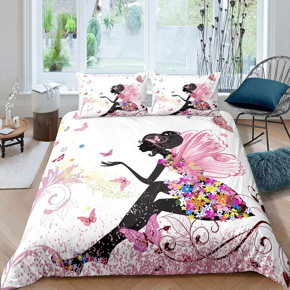 Loussiesd Butterfly Bedding Set Girls Butterfly Print Bedding Double Children Teenagers Women Pink Flower Fairy Duvet Cover Set Flower Branches Room Decoration Breathable Microfiber