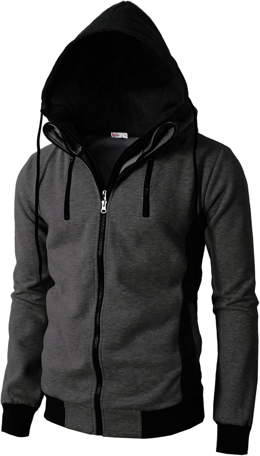 H2H Mens Casual HighNeck Hoodie Zipup with Double Zipper Details