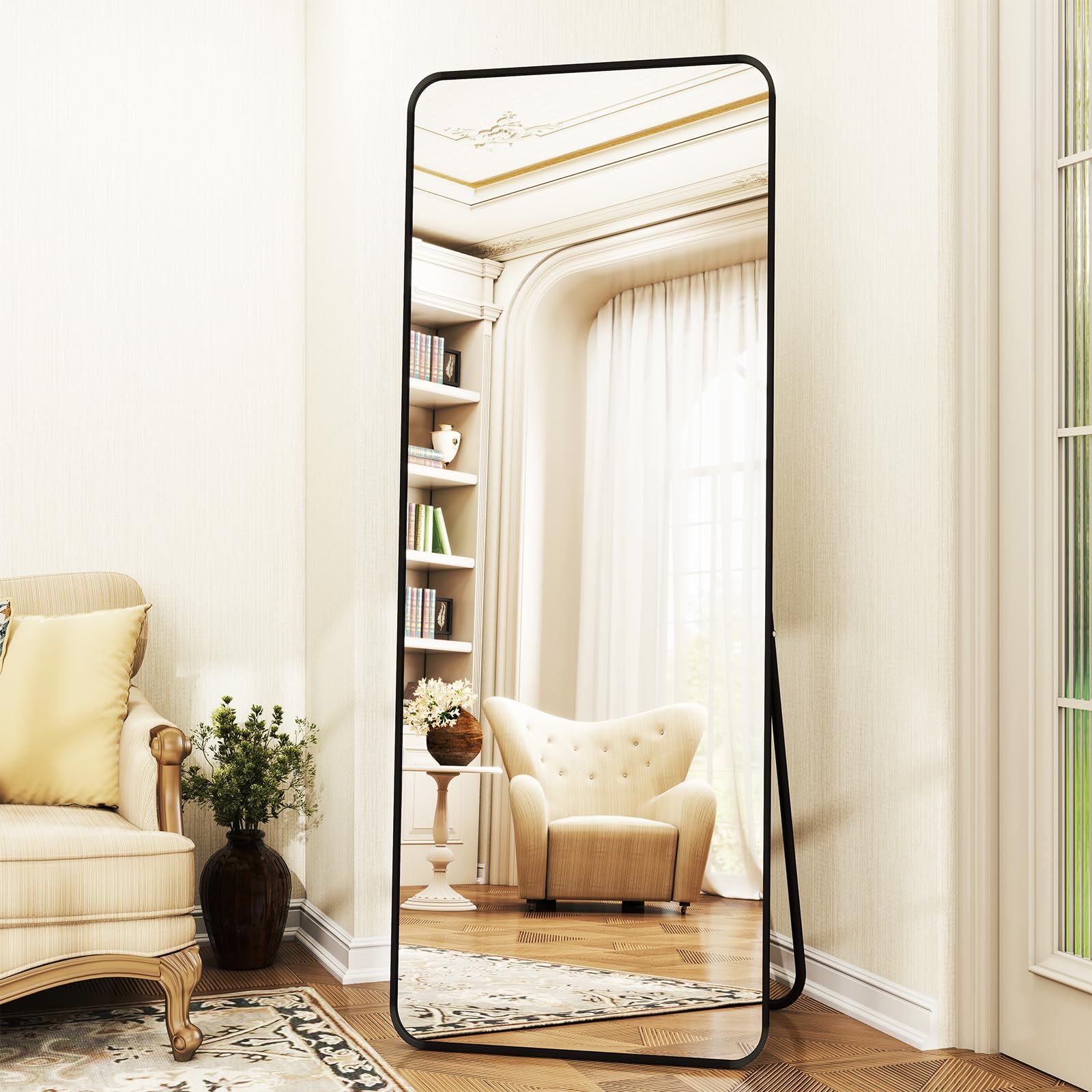 Photo 1 of XRAMFY Full Length Mirror 23"x66", Large Floor Mirror with Rectangle Rounded Corners, Gold Aluminum Alloy Frame, Wall Mirror for Full Body, Mirrors for Wall, Standing Mirror