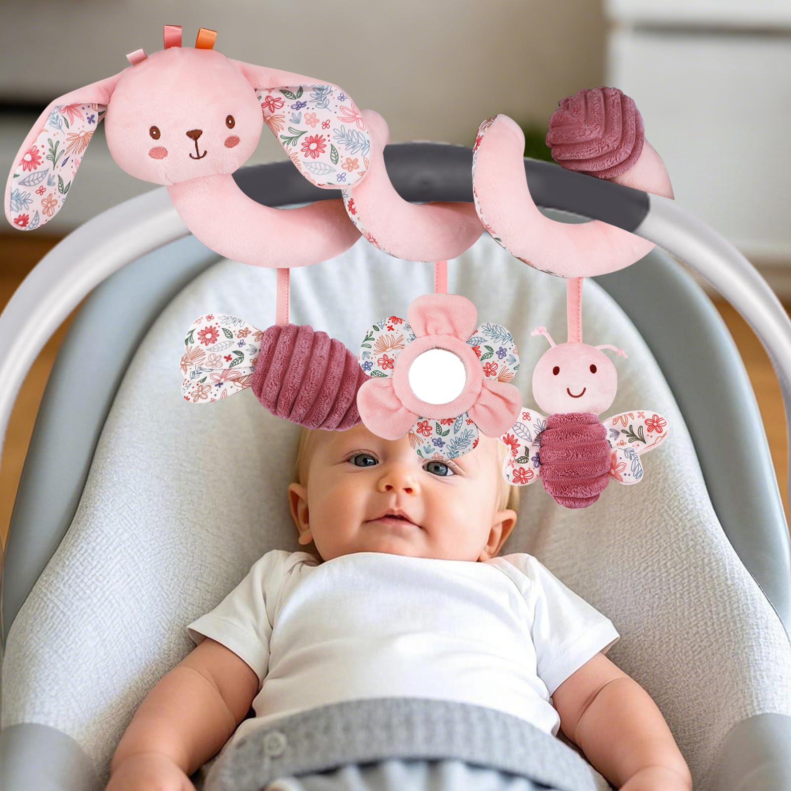 vocheer Hanging Toys for Car Seat Crib Mobile, Infant Baby Spiral Plush Toys for Crib Bed Stroller Car Seat Bar (Pink Rabbit)