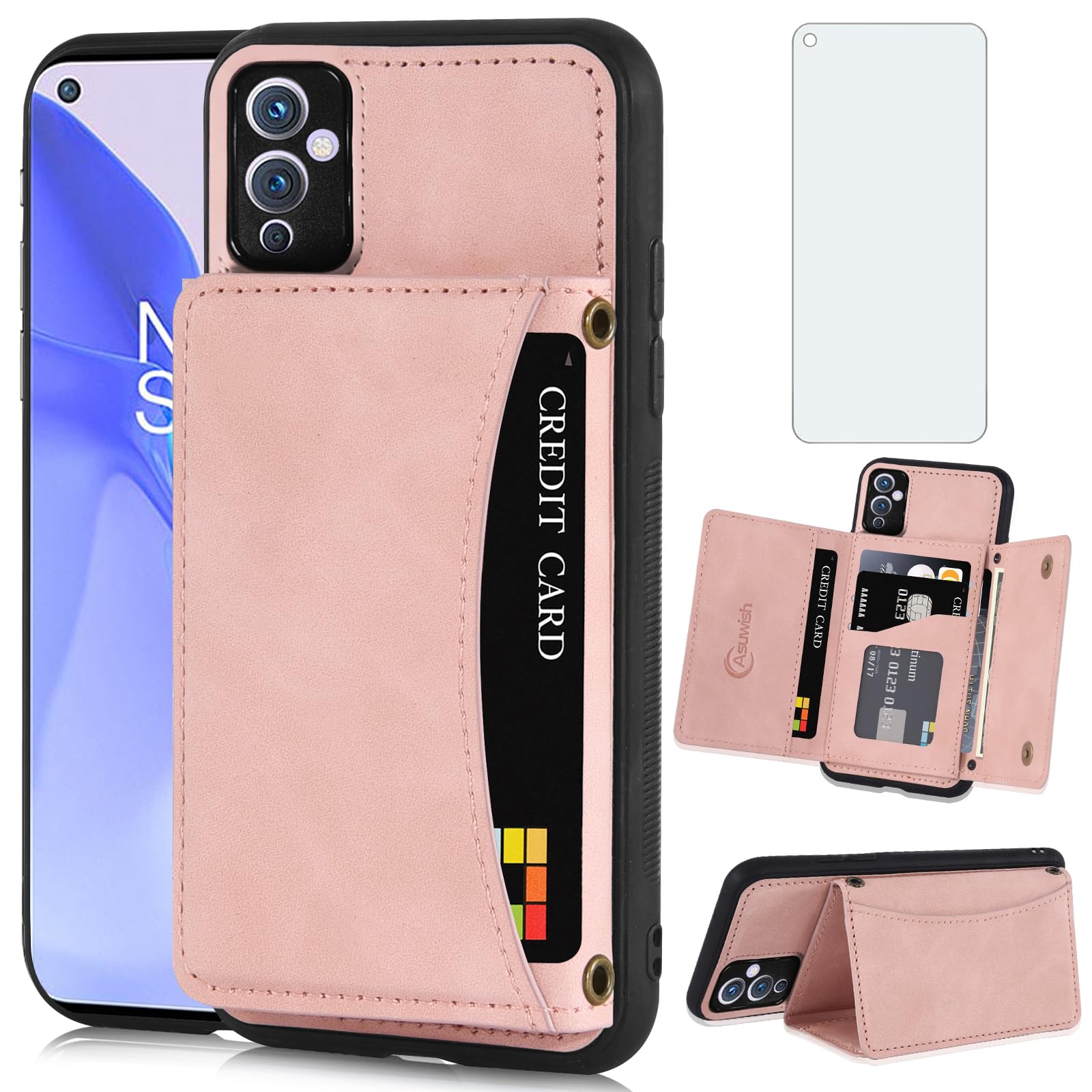Photo 1 of Asuwish Phone Case for OnePlus 9 OnePlus9 5G Wallet Cover with Tempered Glass Screen Protector and Credit Card Holder Stand Cell Accessories One Plus9 On 1 Plus 1plus One+ 1+ 1+9 Nine Women Men Pink