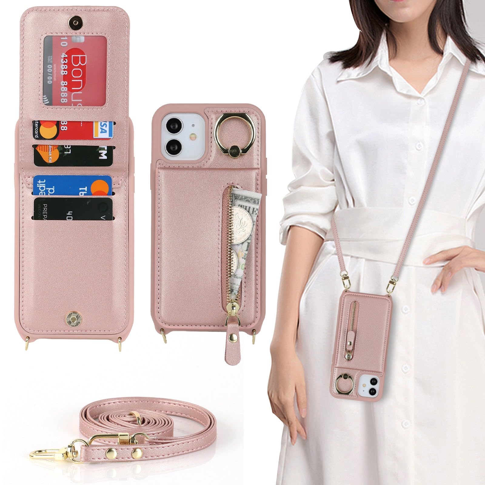 Zouzt for iPhone 12/12 Pro Case with Cord and Card Holde, Zipper Wallet Case with Crossbody Lanyard Ring Adjustable Necklace Protective Cover Women for iPhone 12/12 Pro 6.1 Inch - Rose Gold