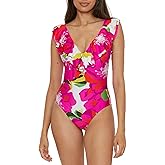 Trina Turk Womens Bloom Ruffle One Piece Swimsuit, Plunge V-Neck, Bathing Suits for Women
