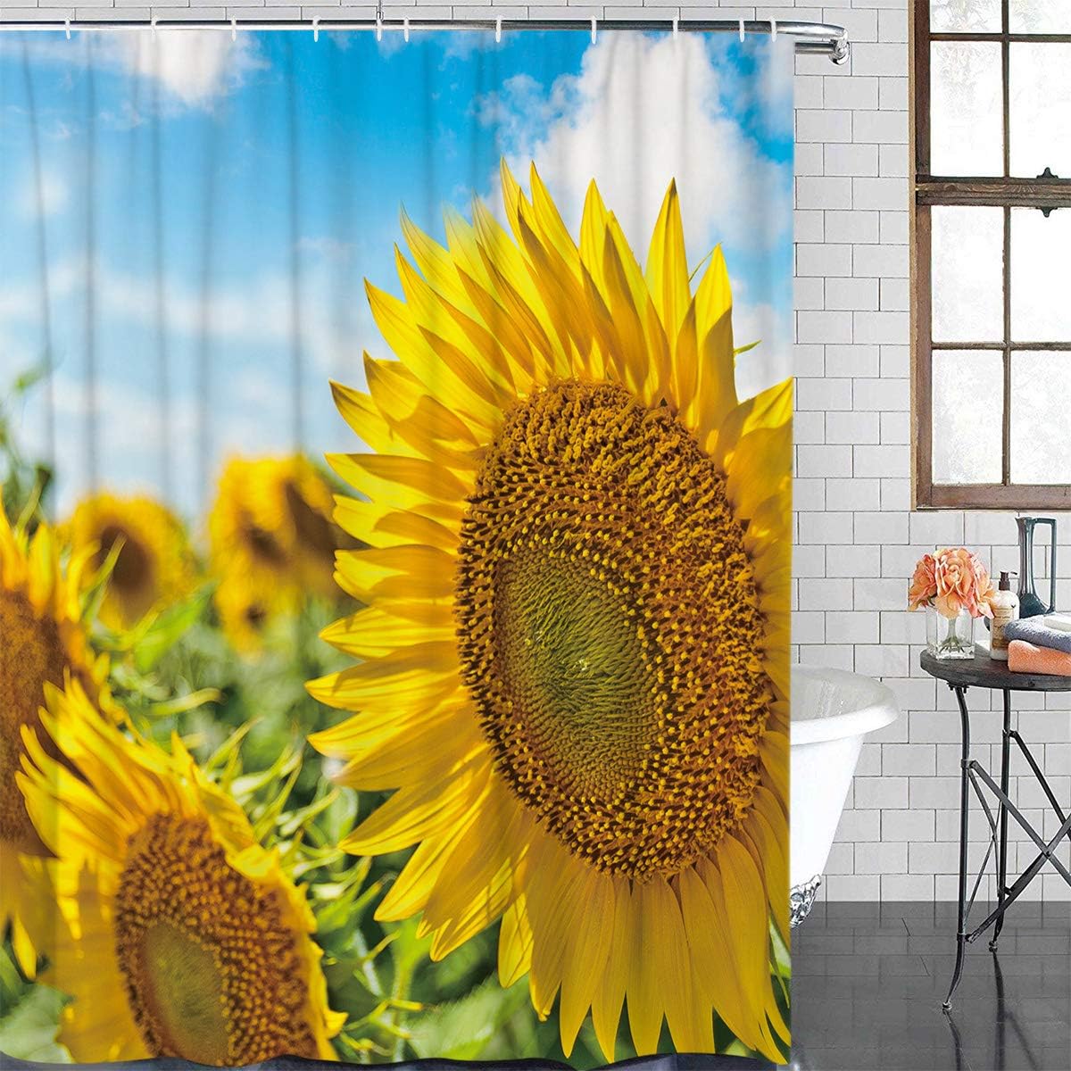 wanxinfu Shower Curtain Polyester Fabric Bathroom Curtain Set with Hooks Bath Decor Set Waterproof Personalized Customization Curtains, Summer Garden Sunflower 72" x 72"