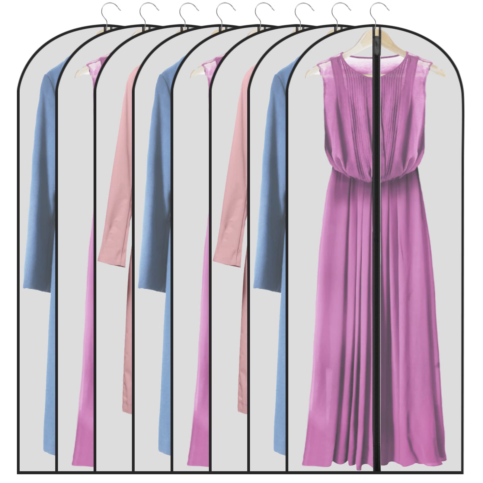 Long Dress Bags 60-inch Full Length - Translucent Plastic Garment Covers with Zip, Waterproof & Mothproof Clothing Protectors (8 Pack)