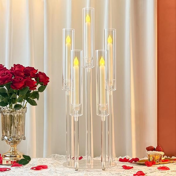 DIWNELEM 4PCS ACRYLIC CANDELABRA CENTERPIECES FOR WEDDING 5 ARM CLEAR CANDLE CANDLESTICKS HOLDERS 25.5″ TALL CRYSTAL TAPER CANDLESTICK WITH SHADE FIT 0.87” LED CANDLE FOR CHRISTMAS PARTY HOME DECOR