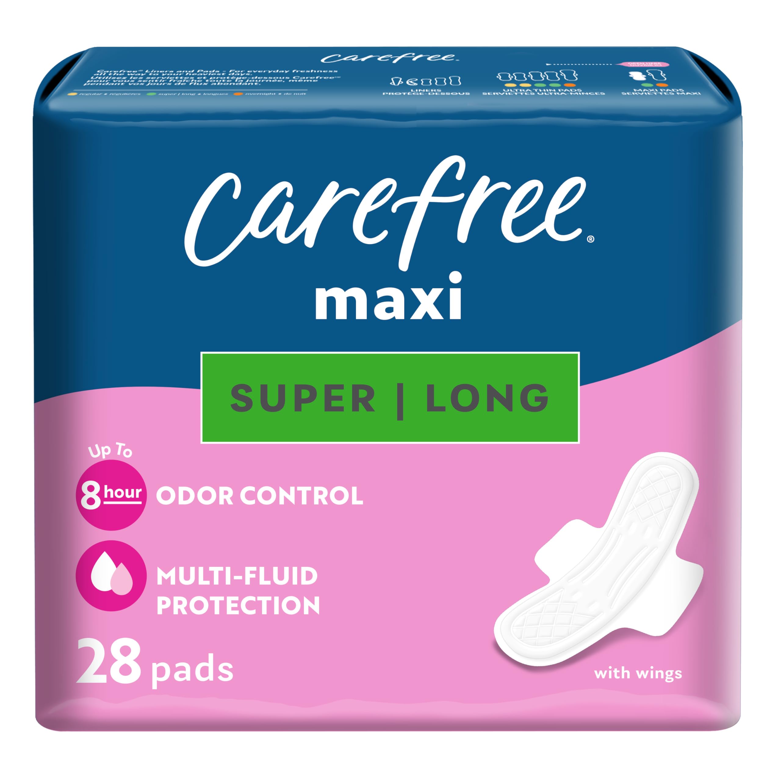 Carefree Maxi Pads for Women, Super/Long Pads with Wings, 28ct | Carefree Pads, Feminine Care, Period Pads & Postpartum Pads | 28ct (Pack of 1)